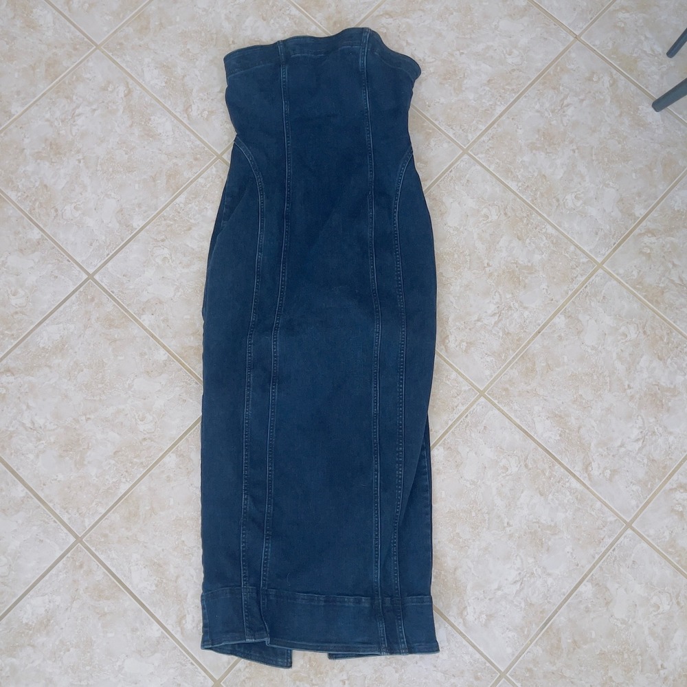 PILCRO Anthropologie Denim Strapless Midi Dress Medium Dark Wash Fitted Bodycon